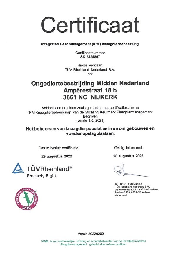 Ongediertebestrijding MiddenNederland certificaat
